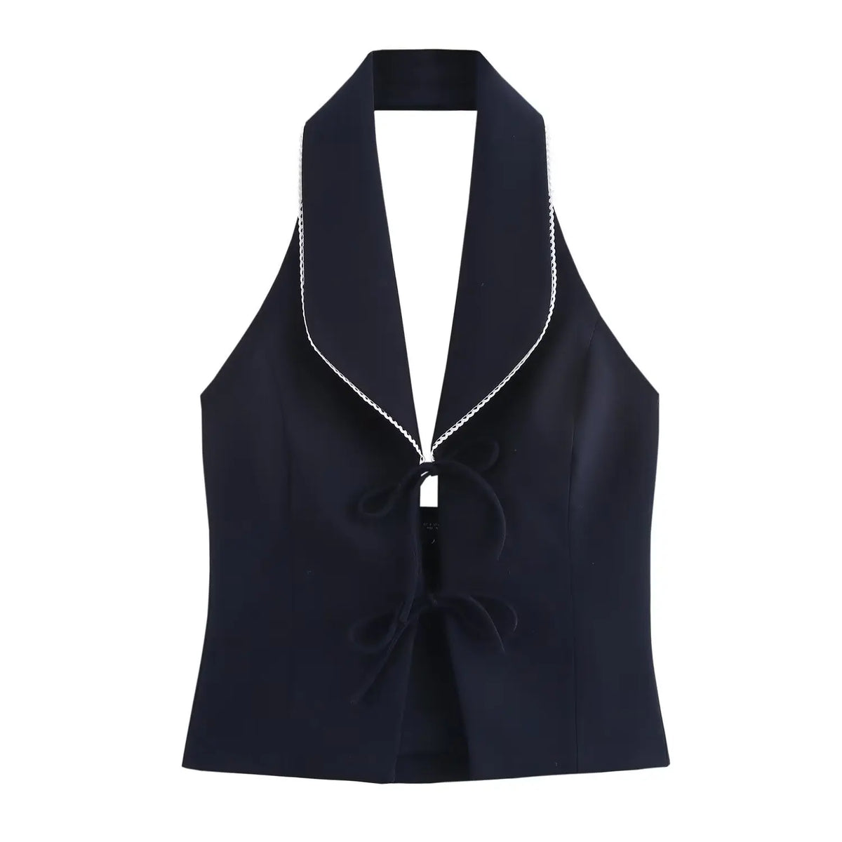 Navy halter tie front collared top, front flat lay