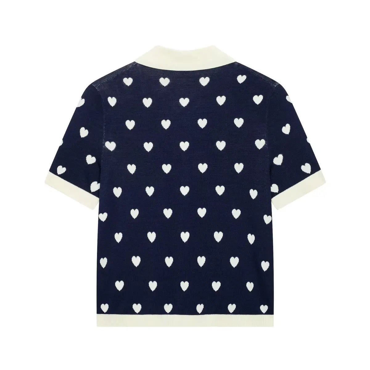 Full back view of navy heart print knit polo top, showing the same pattern and contrast trim details.
