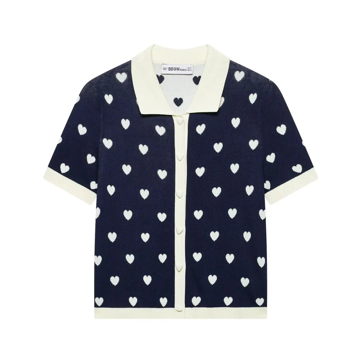 Full studio shot of navy heart print knit polo top, showing the contrast trim and button placket.