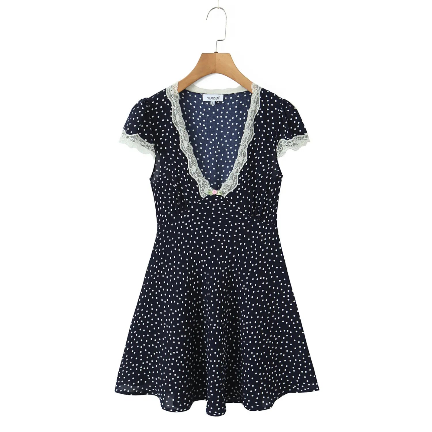 Navy polka dot lace puff sleeve dress wooden hanger front display shot, V eyelash lace short bubble sleeves high waist A-line skirt full fit overview