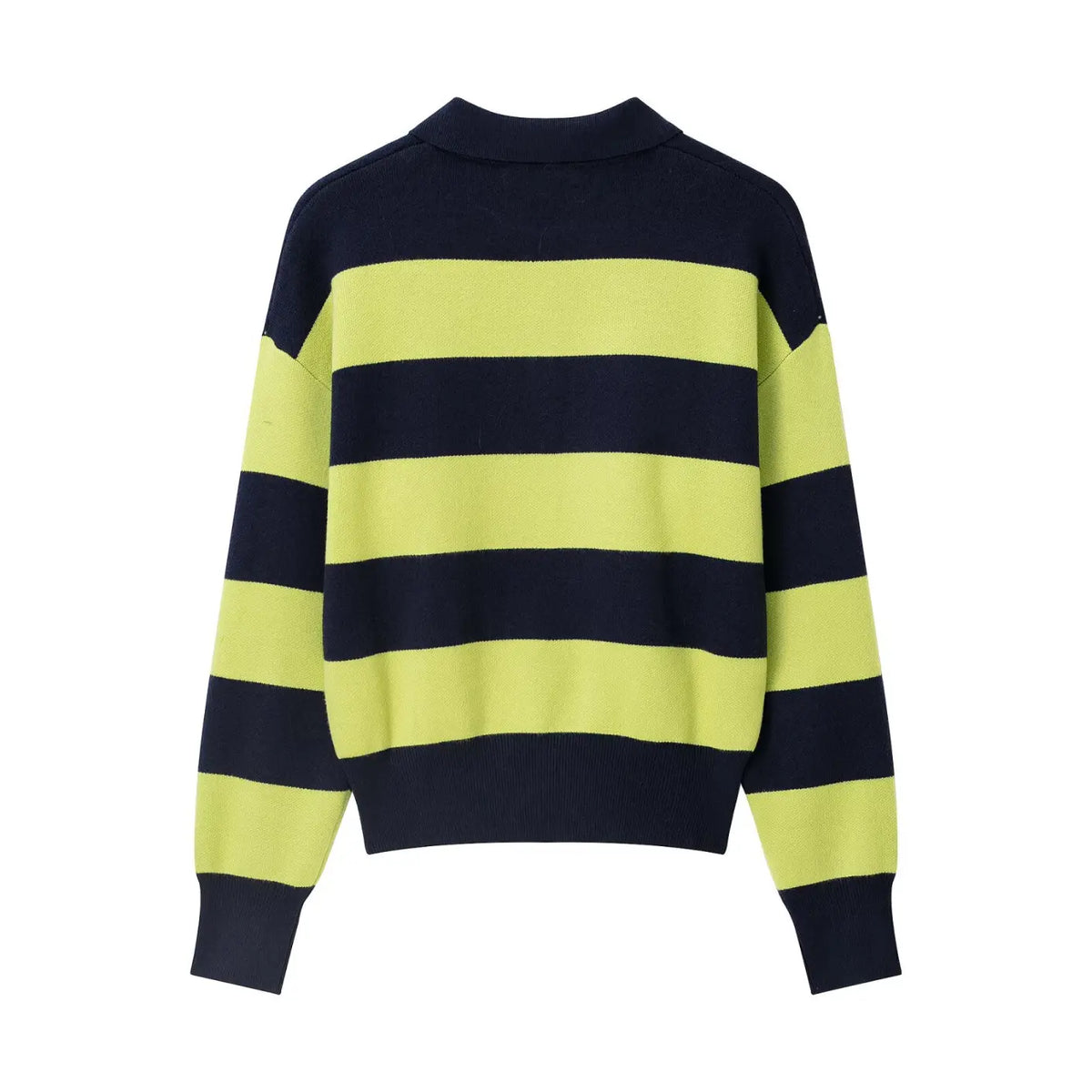 Navy lime striped polo collar knit sweater, back flat lay