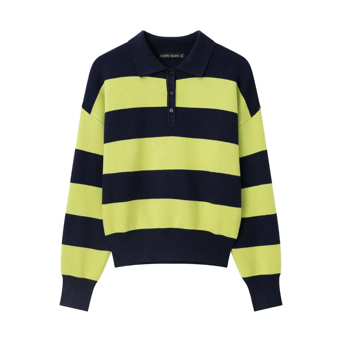 Navy lime striped polo collar knit sweater, front flat lay