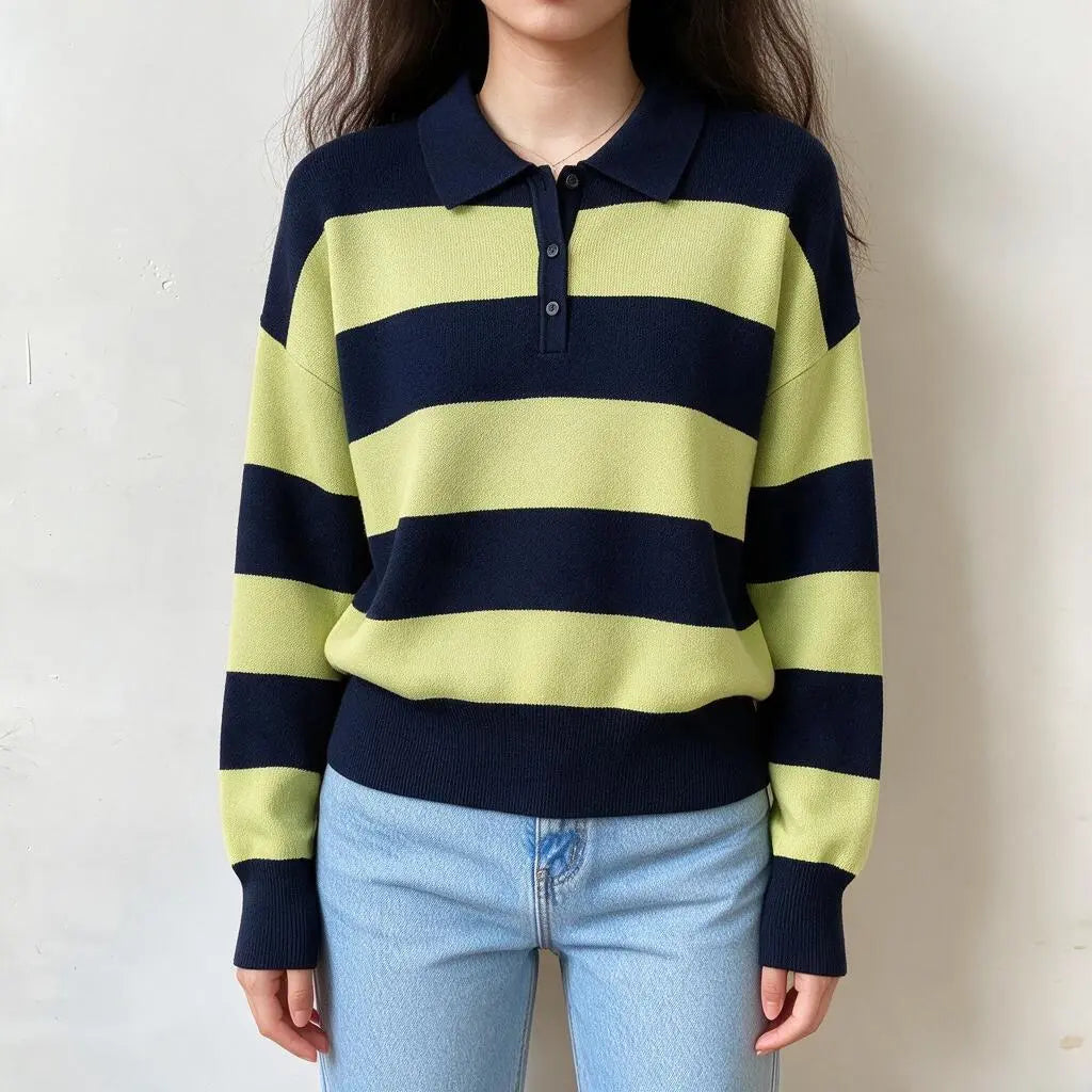 Model wearing navy lime striped polo collar knit sweater with jeans, front view