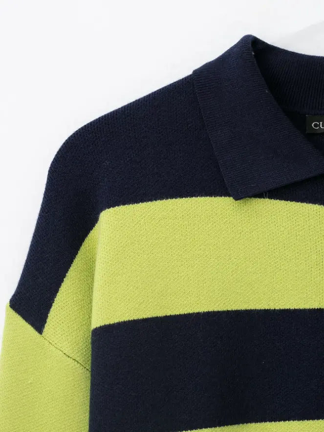 Close-up of shoulder seam and striped knit texture