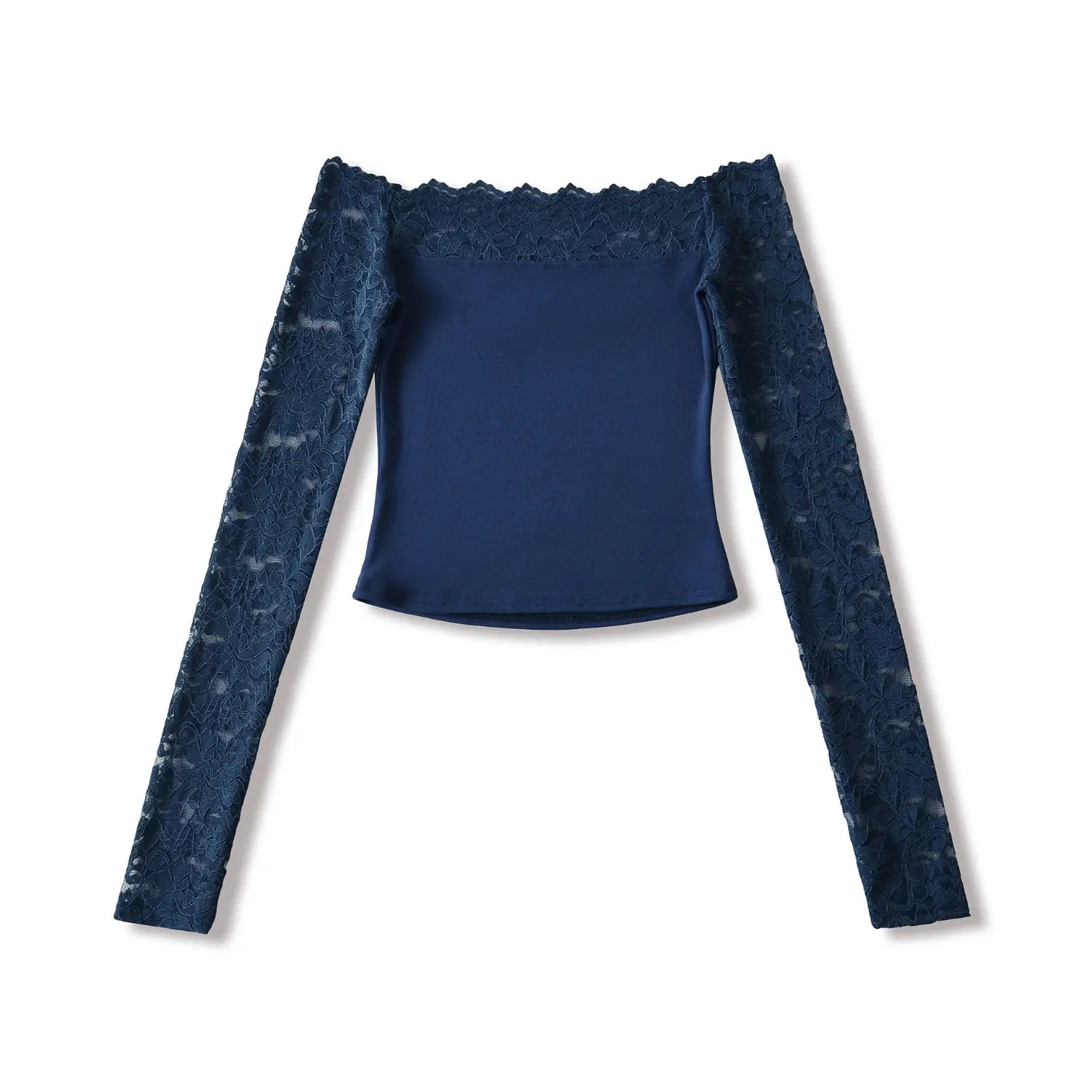 Flat lay studio shot navy blue off‑shoulder cropped top with sheer floral lace long sleeves