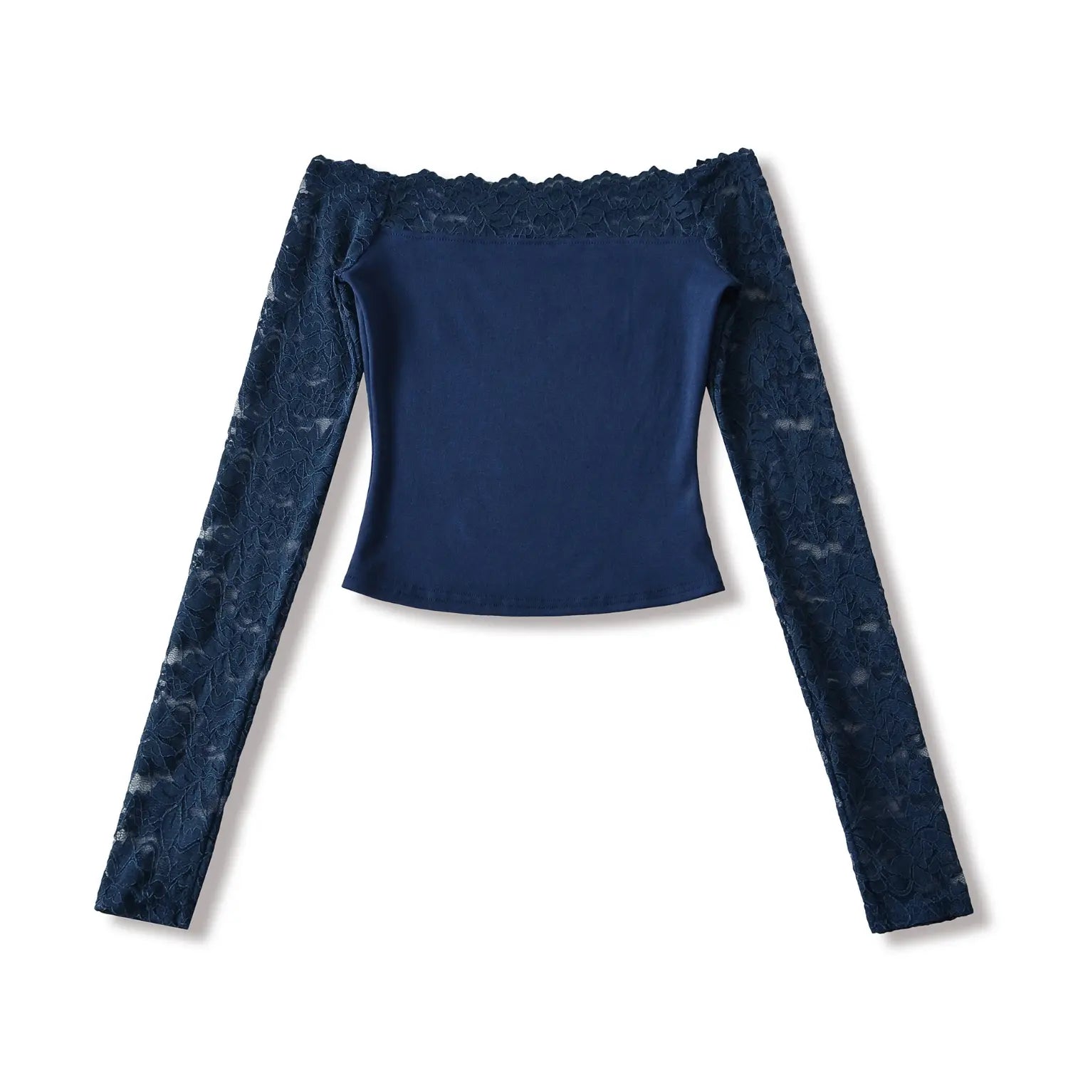 Flat‑lay product photo navy blue off‑shoulder cropped top with floral lace long sleeves