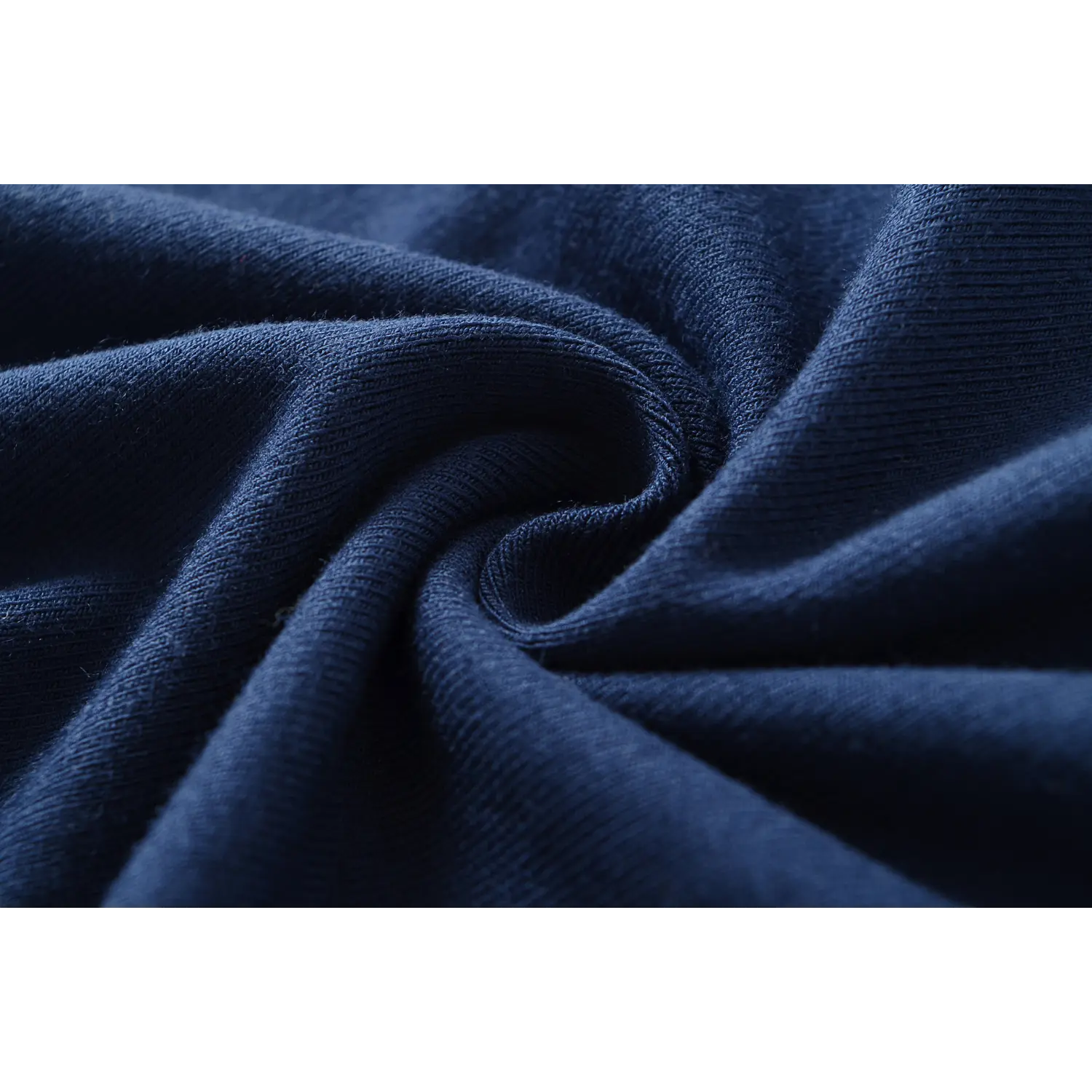 Macro texture close‑up of soft stretch ribbed knit fabric for navy blue off‑shoulder lace blouse