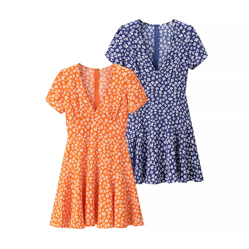 Full view of the two-tone (navy blue and orange) floral puff-sleeve dresses