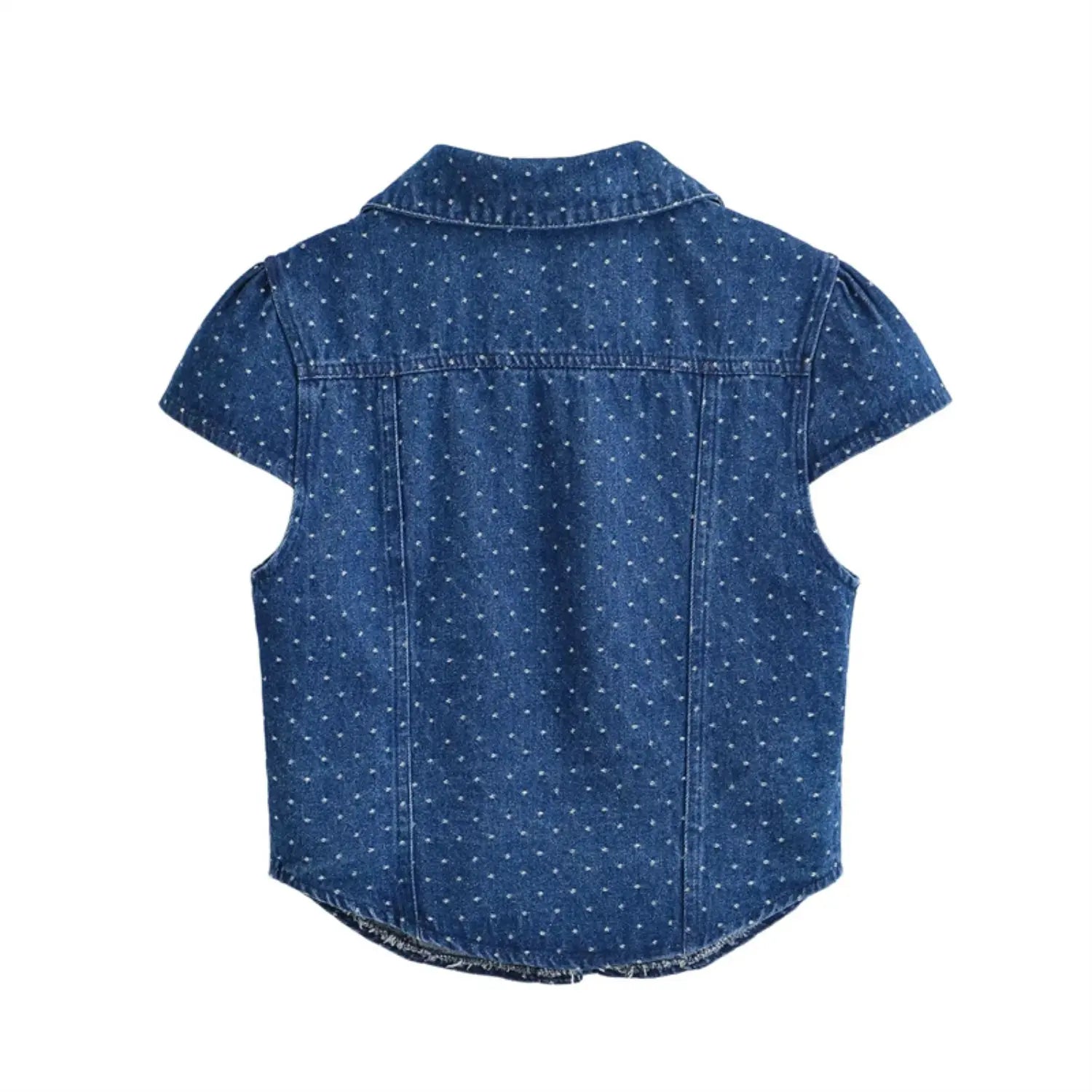 Complete back flat view, seamless plain back panel, horizontal back yoke stitching, cap sleeve back pleats, evenly scattered tiny white polka dots, curved raw hem