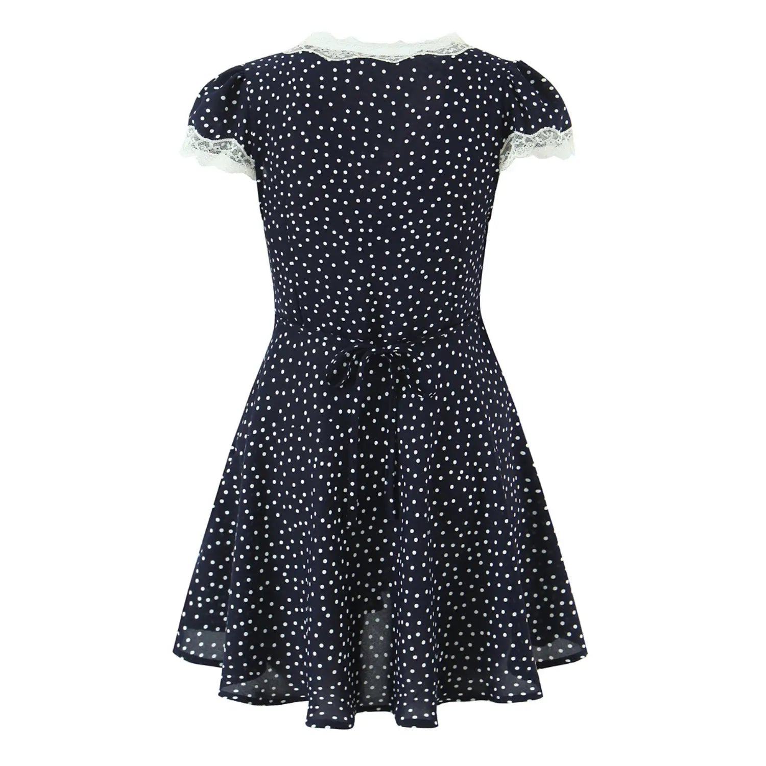 Polka dot mini dress full back white background flat lay, matching fabric self tie waist band straight lace back neck fitted waist silhouette shot