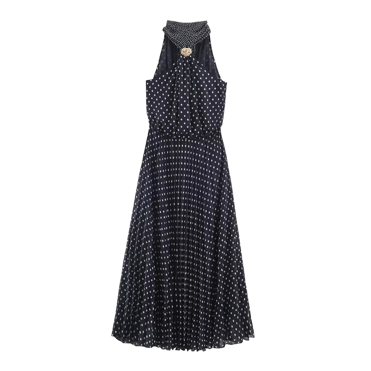 Front view navy blue polka dot halter maxi dress, sleeveless pleated long dress with gold metal ornament