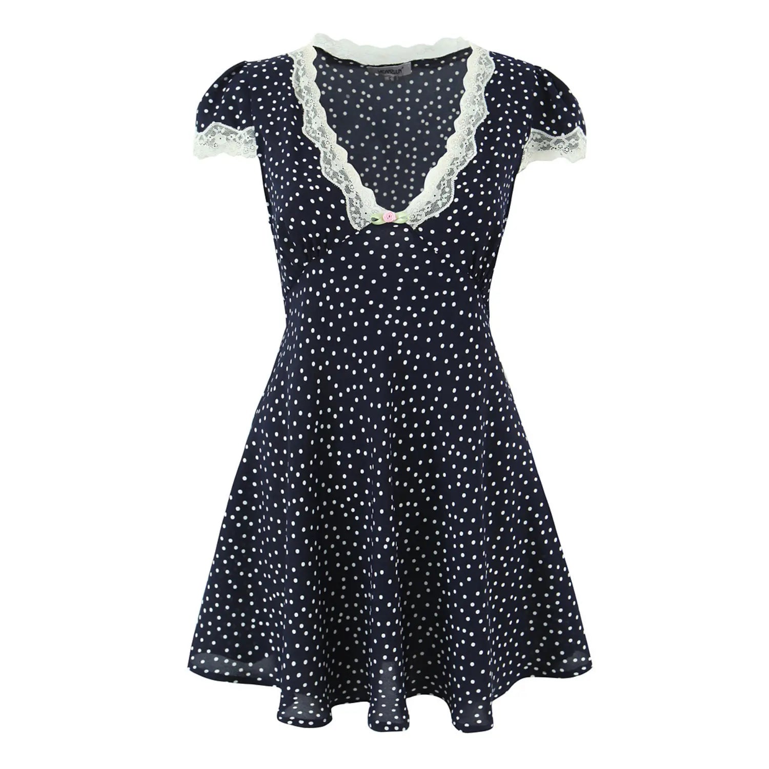 Navy white polka dot lace puff sleeve mini dress front plain white flat lay, eyelash lace V neck front flower button waist shirring A-line flare skirt french vintage short dress main hero shot