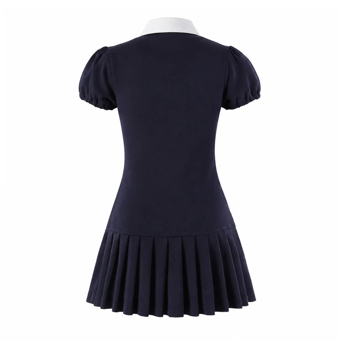 Back view navy mini dress with white contrast collar, puff short sleeves and pleated skirt hem