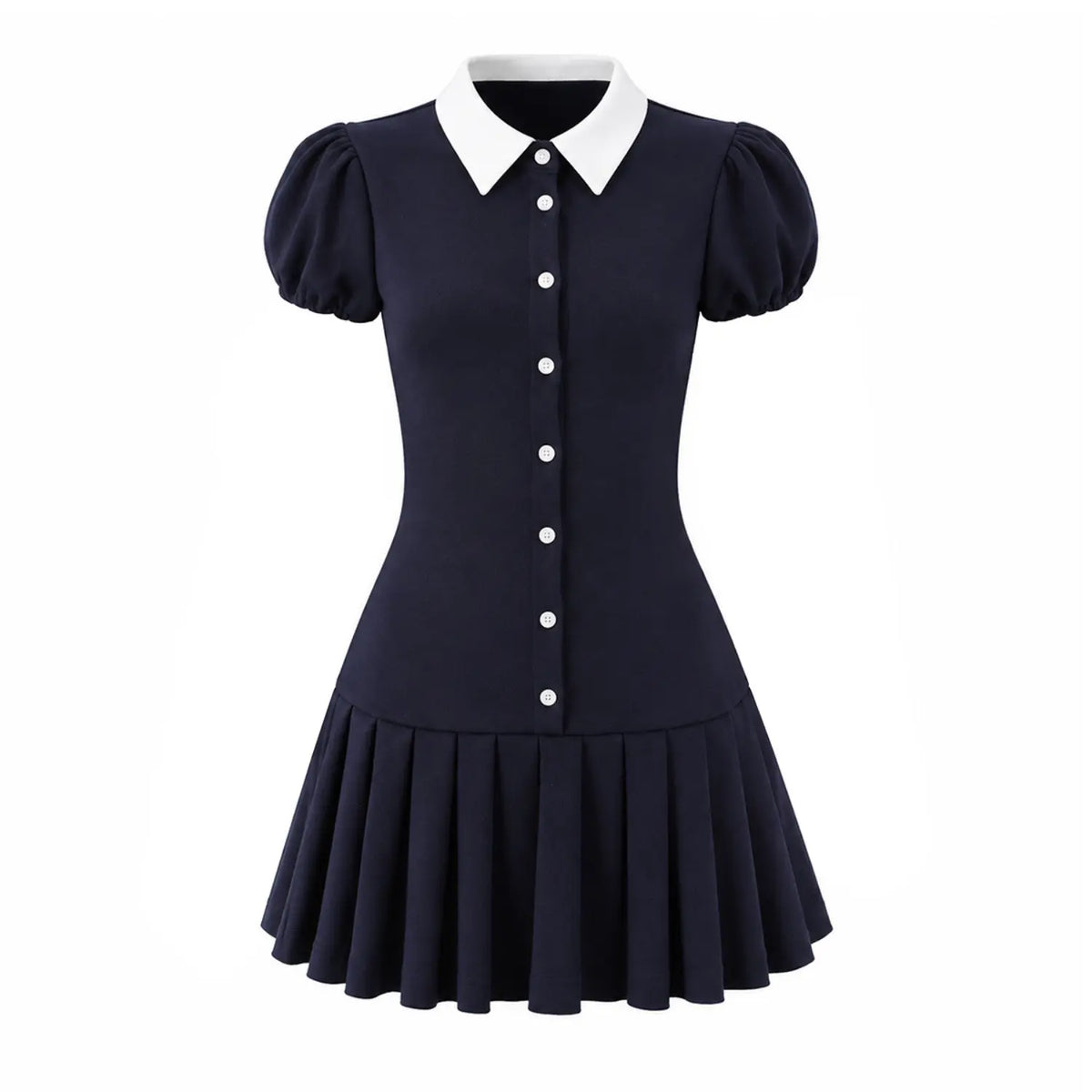 Front view navy mini dress with white contrast collar, puff short sleeves, front button placket and pleated hem skirt
