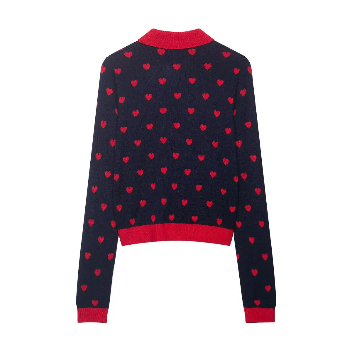 Back view of a navy and red heart-patterned knit sweater with a red collar and hem.