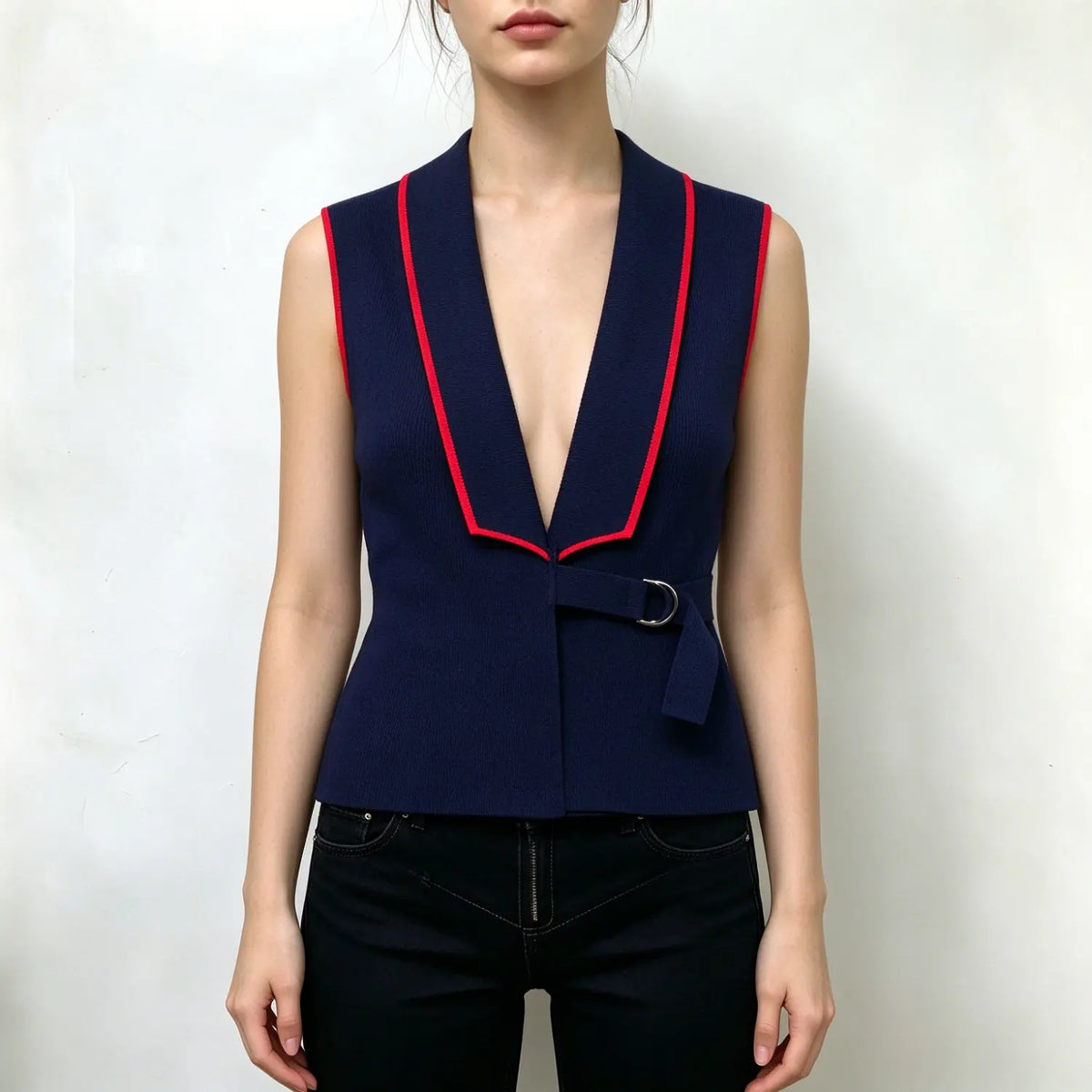 Model wearing navy blue sleeveless knit vest, deep V-neck with red contrast piping, red trim armholes, side waist strap with D-ring buckle, paired with black jeans