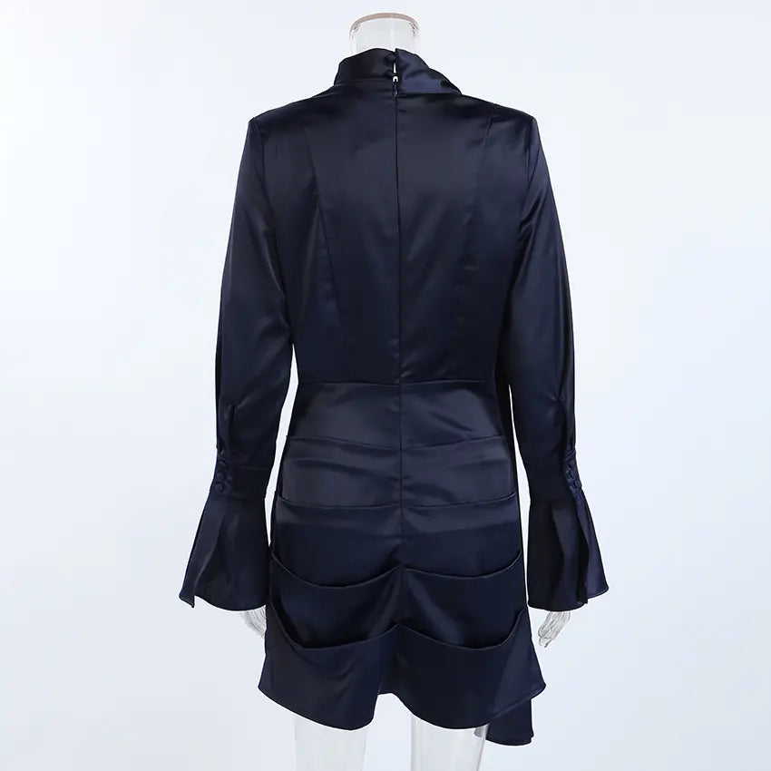 Navy satin cowl neck tie draped mini dress on mannequin, back view