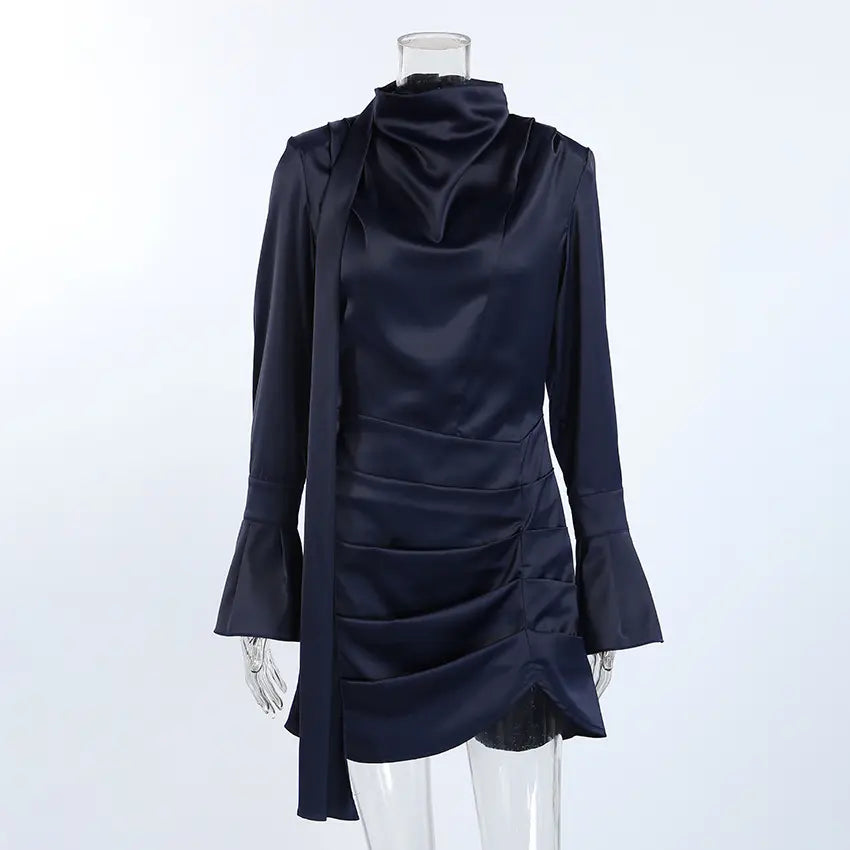 Navy satin cowl neck tie draped mini dress on mannequin, front view
