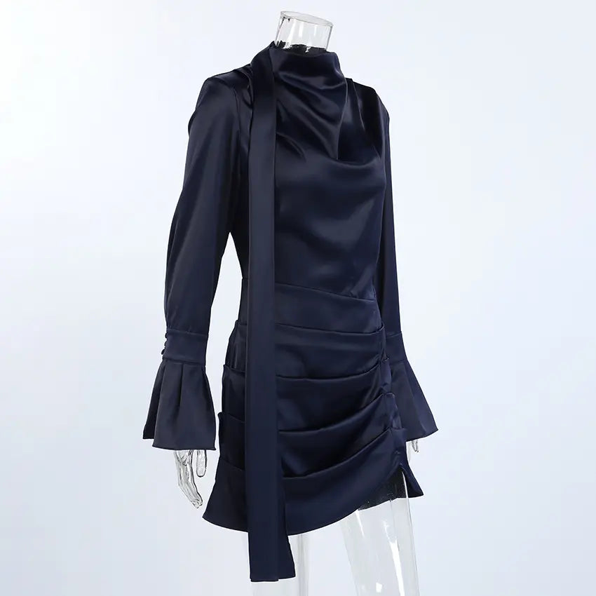 Navy satin cowl neck tie draped mini dress on mannequin, three quarter view