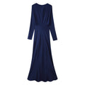 Back view of navy blue satin long sleeve ruched keyhole maxi dress