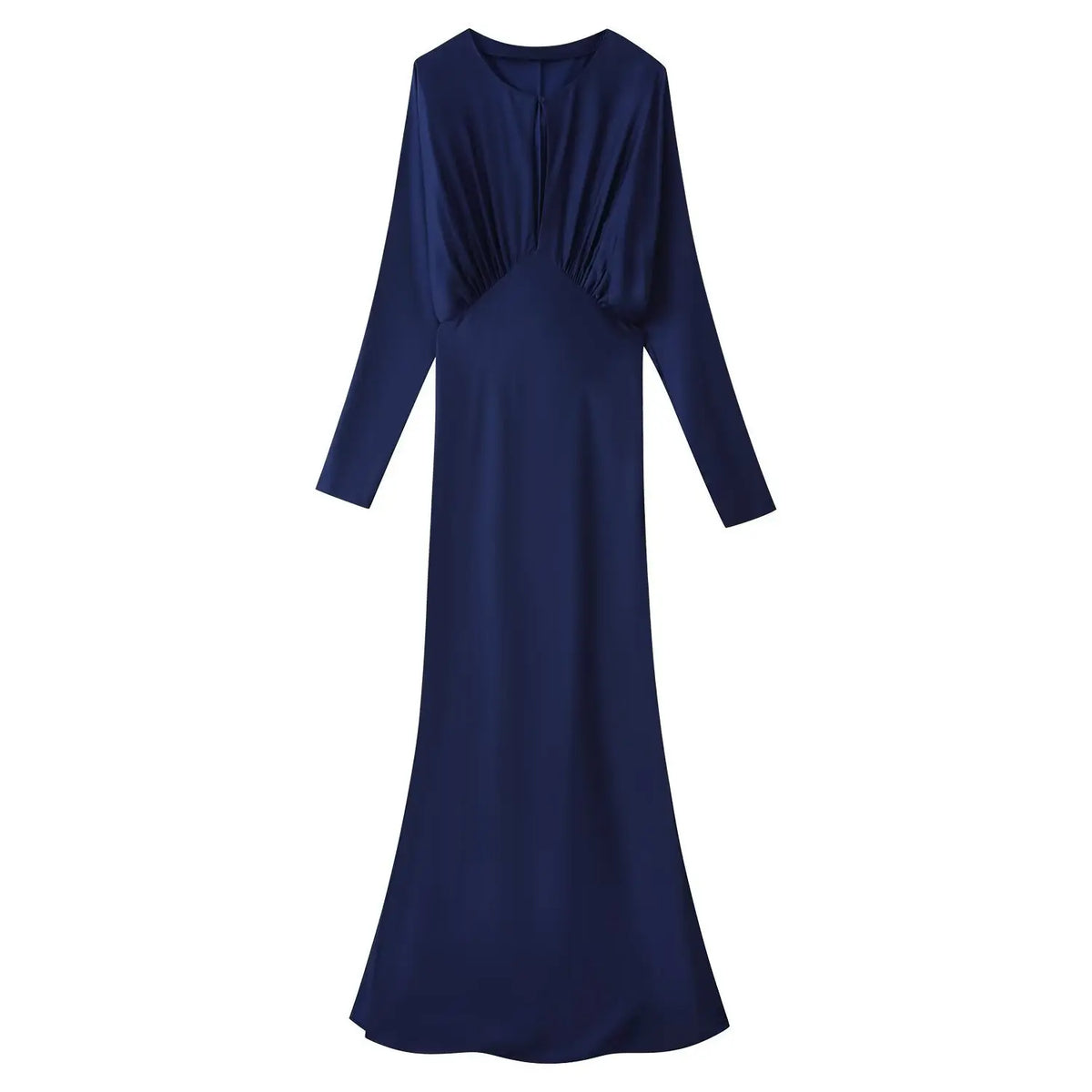 Front view of navy blue satin ruched keyhole maxi dress