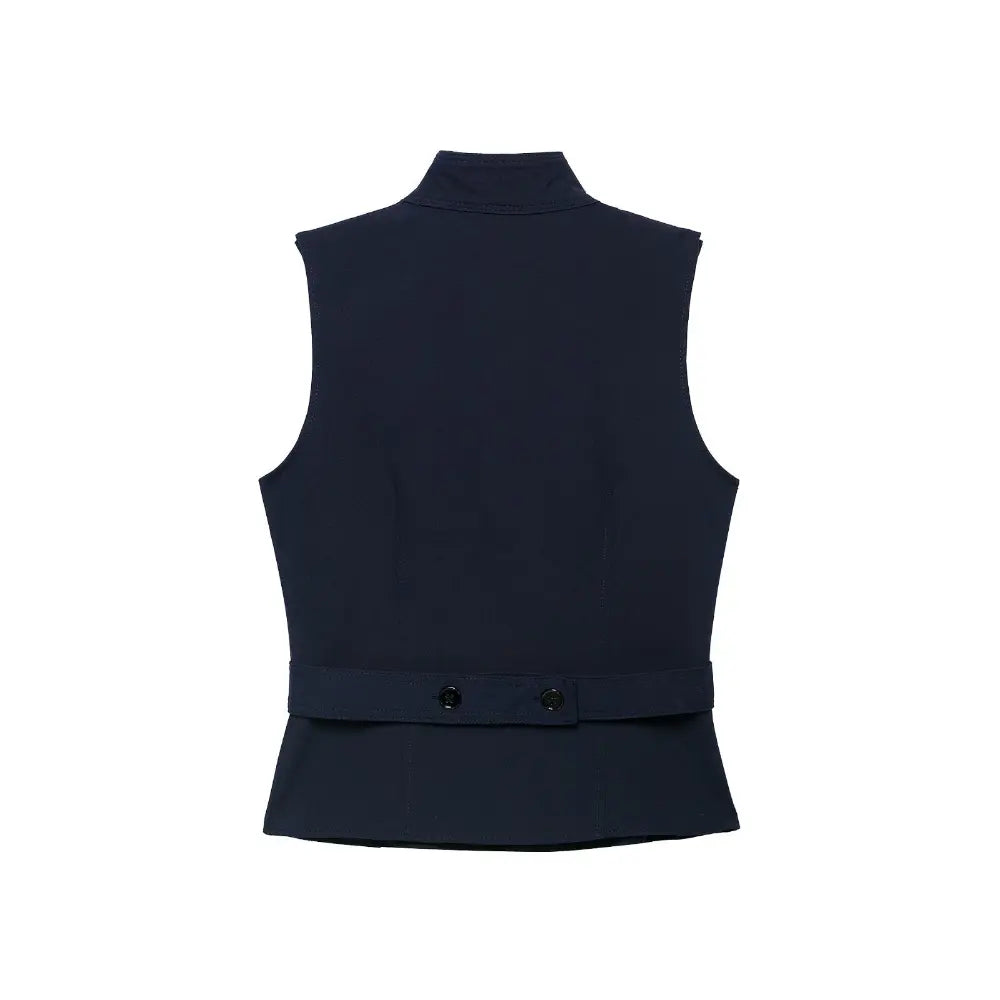 Navy stand collar double breasted vest, back flat lay