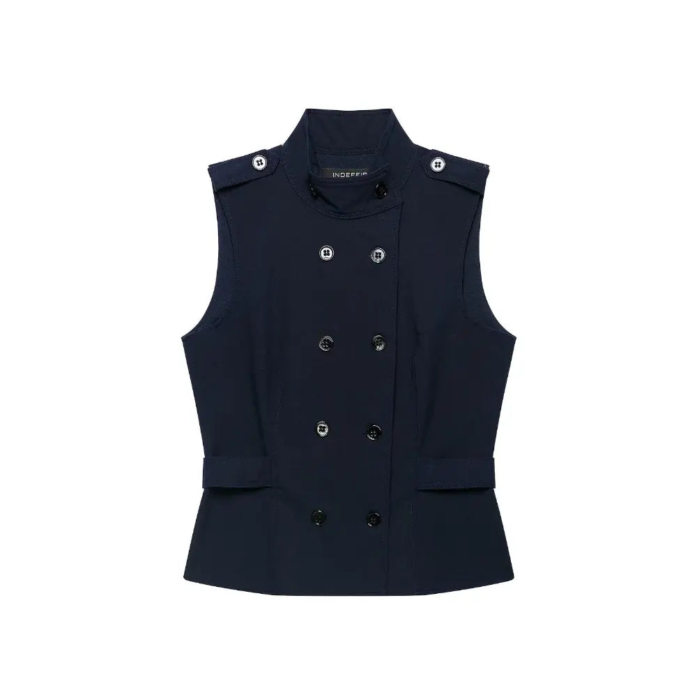 Navy stand collar double breasted vest, front flat lay