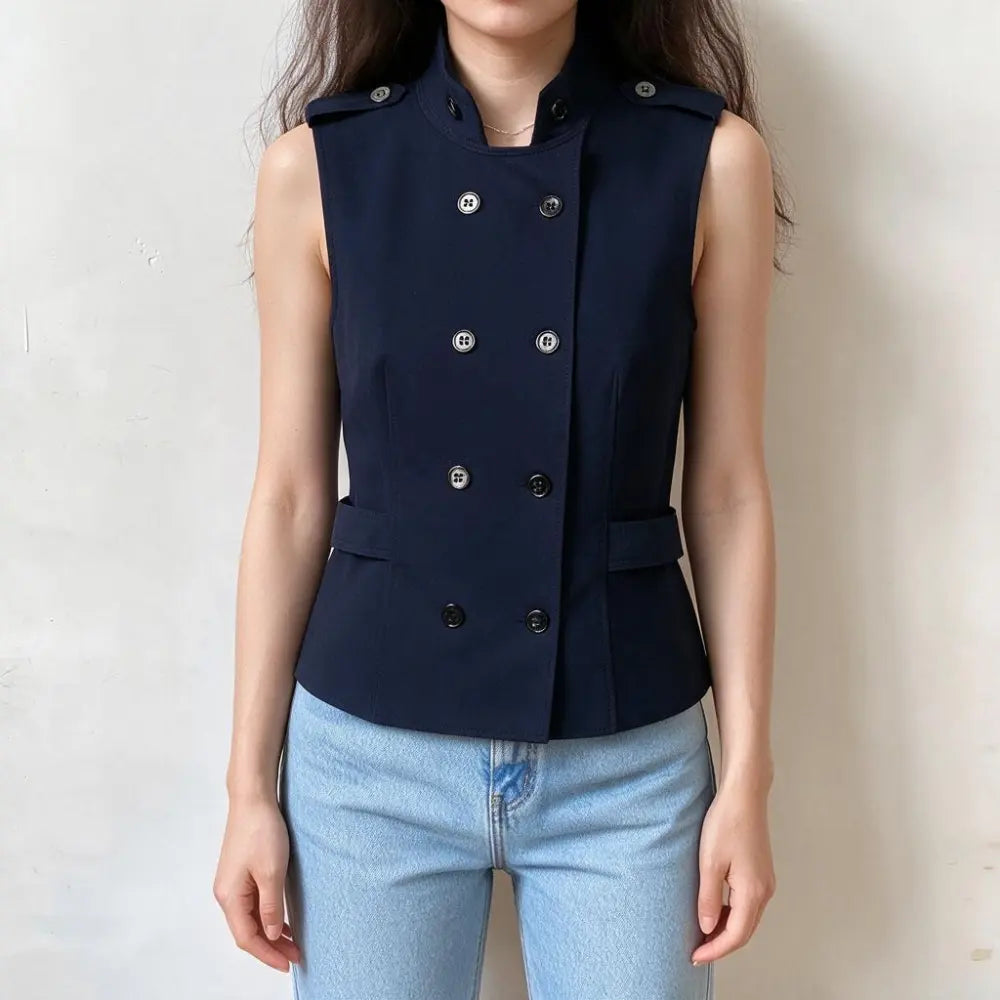 Model wearing navy stand collar double breasted vest, front view