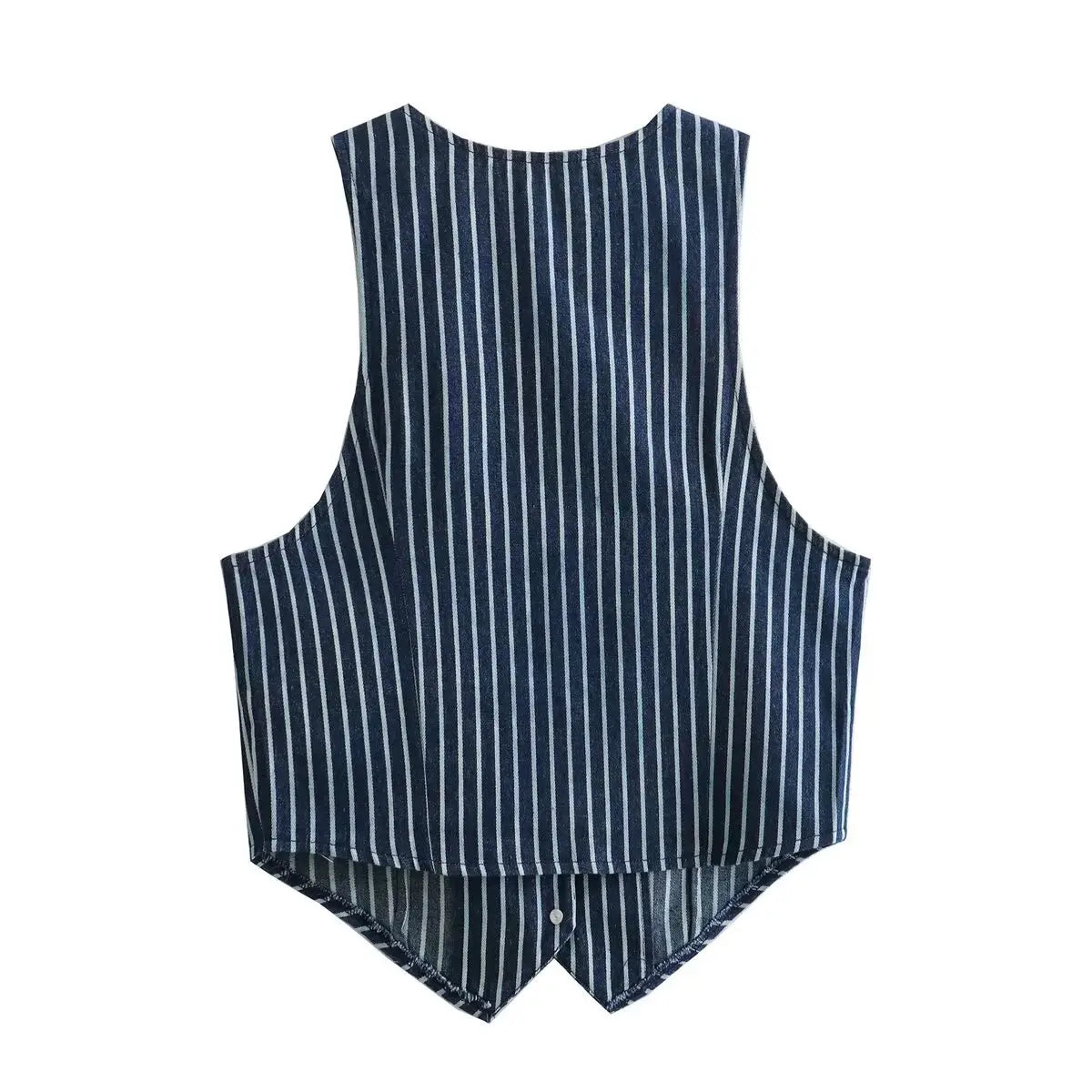 Back view of the vest, showing the striped pattern and single center button at the hem.