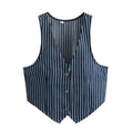 Front view of a navy blue and white striped cropped vest with a V-neckline, three metal buttons, and pointed hem.