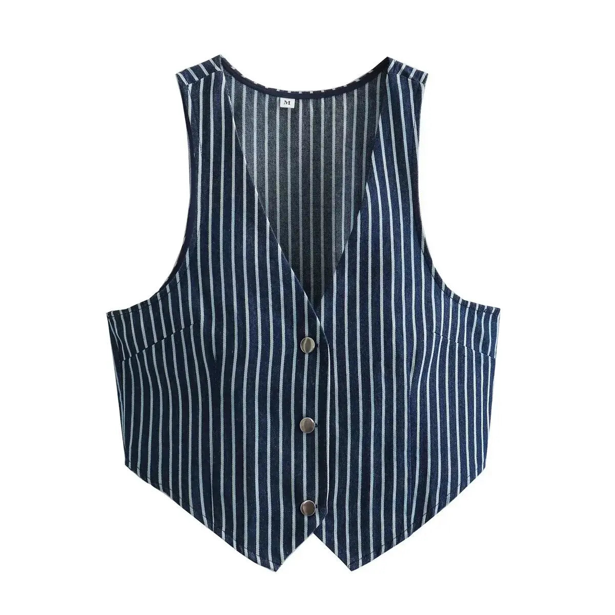 Front view of a navy blue and white striped cropped vest with a V-neckline, three metal buttons, and pointed hem.