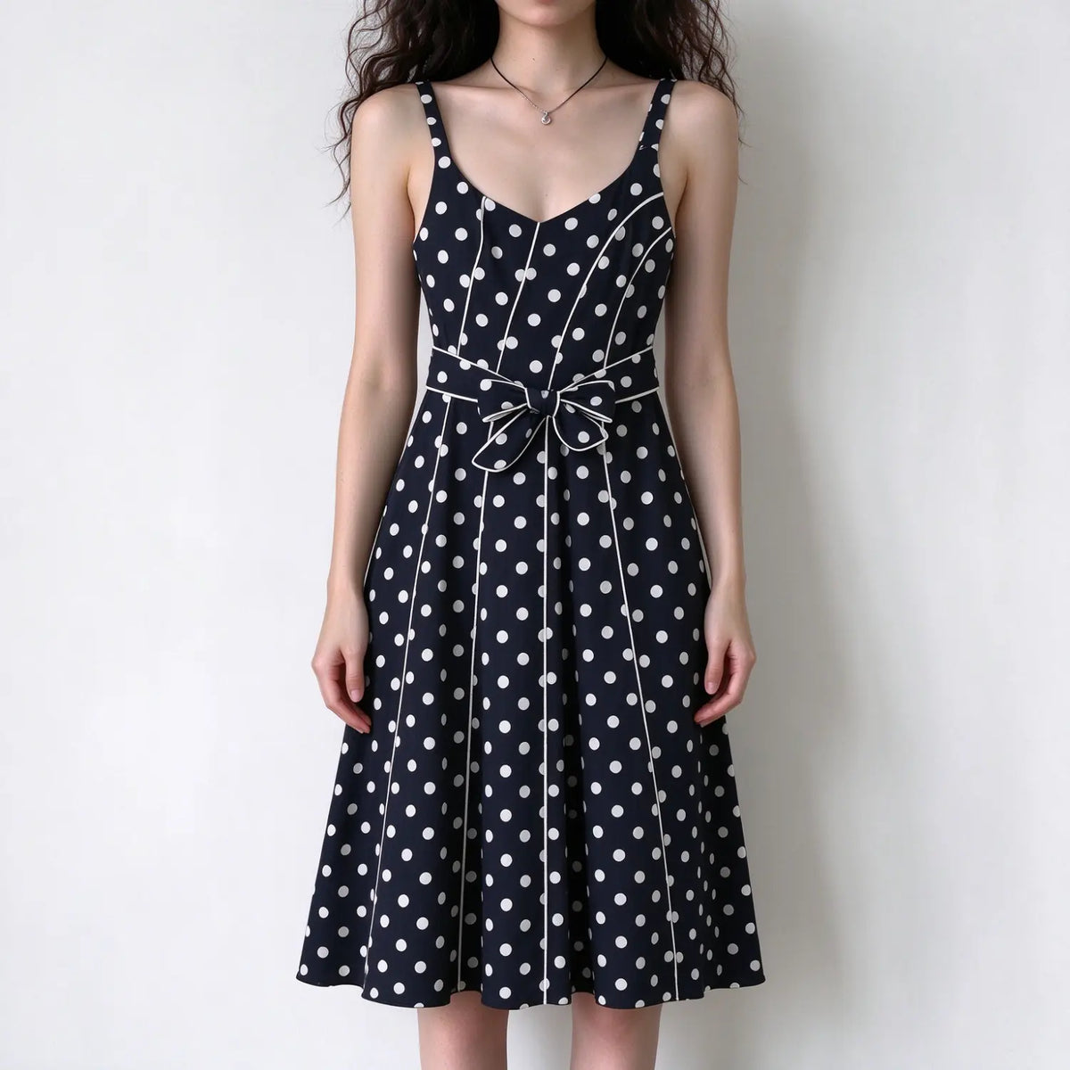 Model wearing navy white polka dot spaghetti strap maxi dress with waist self tie bow and A-line skirt, white background
