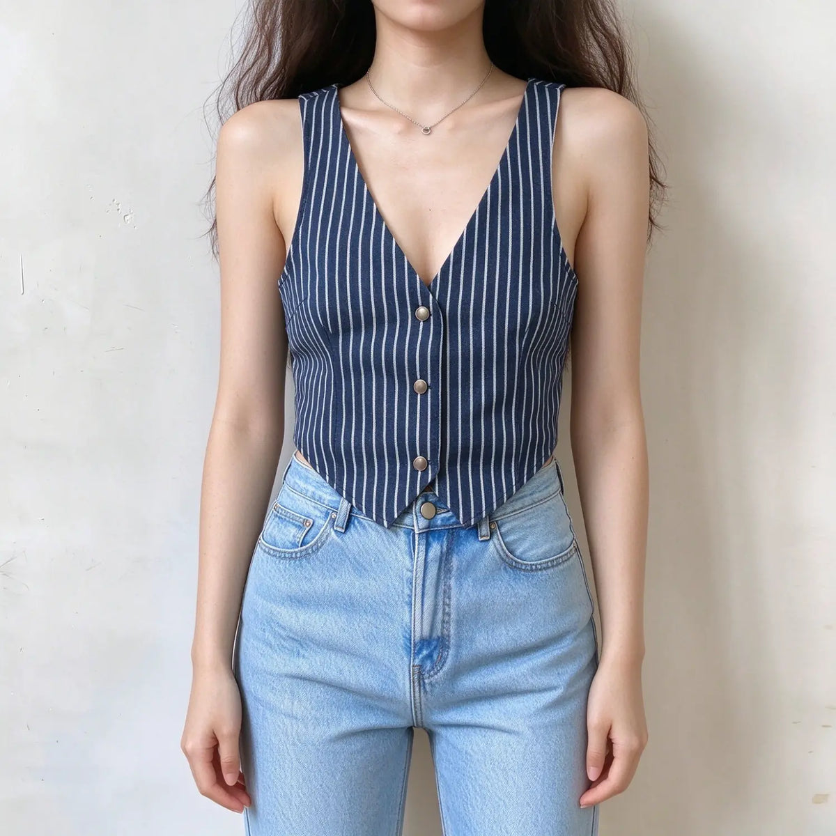Model wearing navy white vertical stripe sleeveless vest crop top, v neck with front metal buttons, cropped pointed hem, paired with light blue jeans, plain white background