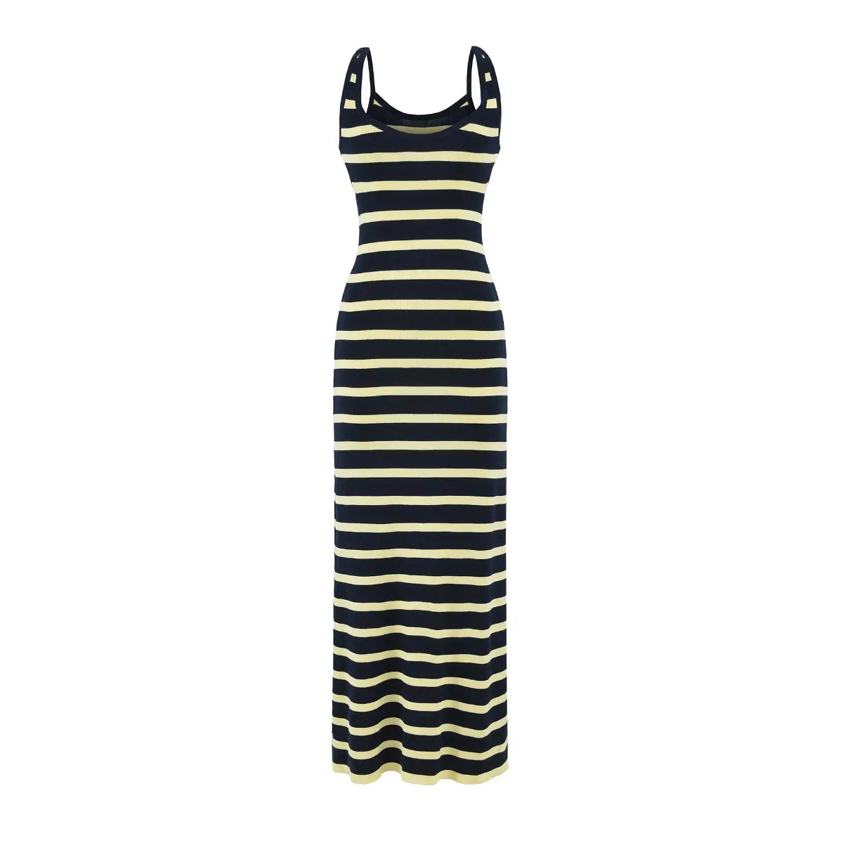 Studio shot of a navy and pale yellow striped ribbed knit maxi dress, showing the full form-fitting silhouette and scoop neckline.