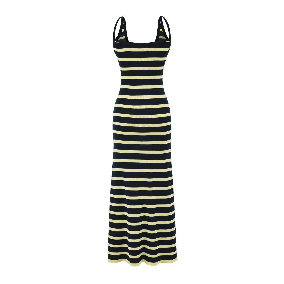  Studio shot of a navy and pale yellow striped ribbed knit maxi dress, showing the full form-fitting silhouette.