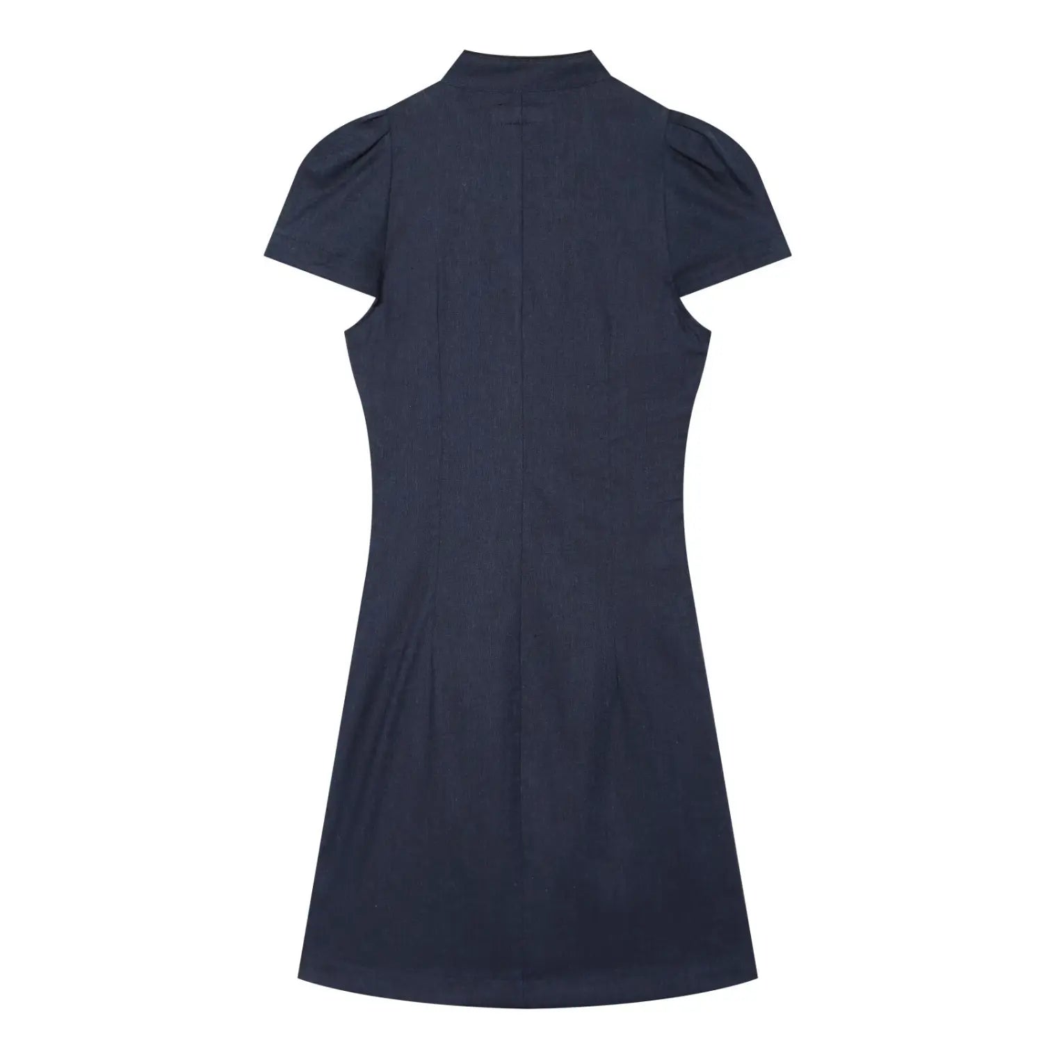 Back view of navy blue chinese inspired mini denim dress,short puff sleeve,straight back seam