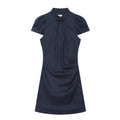 Front view navy blue chinese style mini dress,mandarin collar frog button,puff short sleeve,side ruched detail