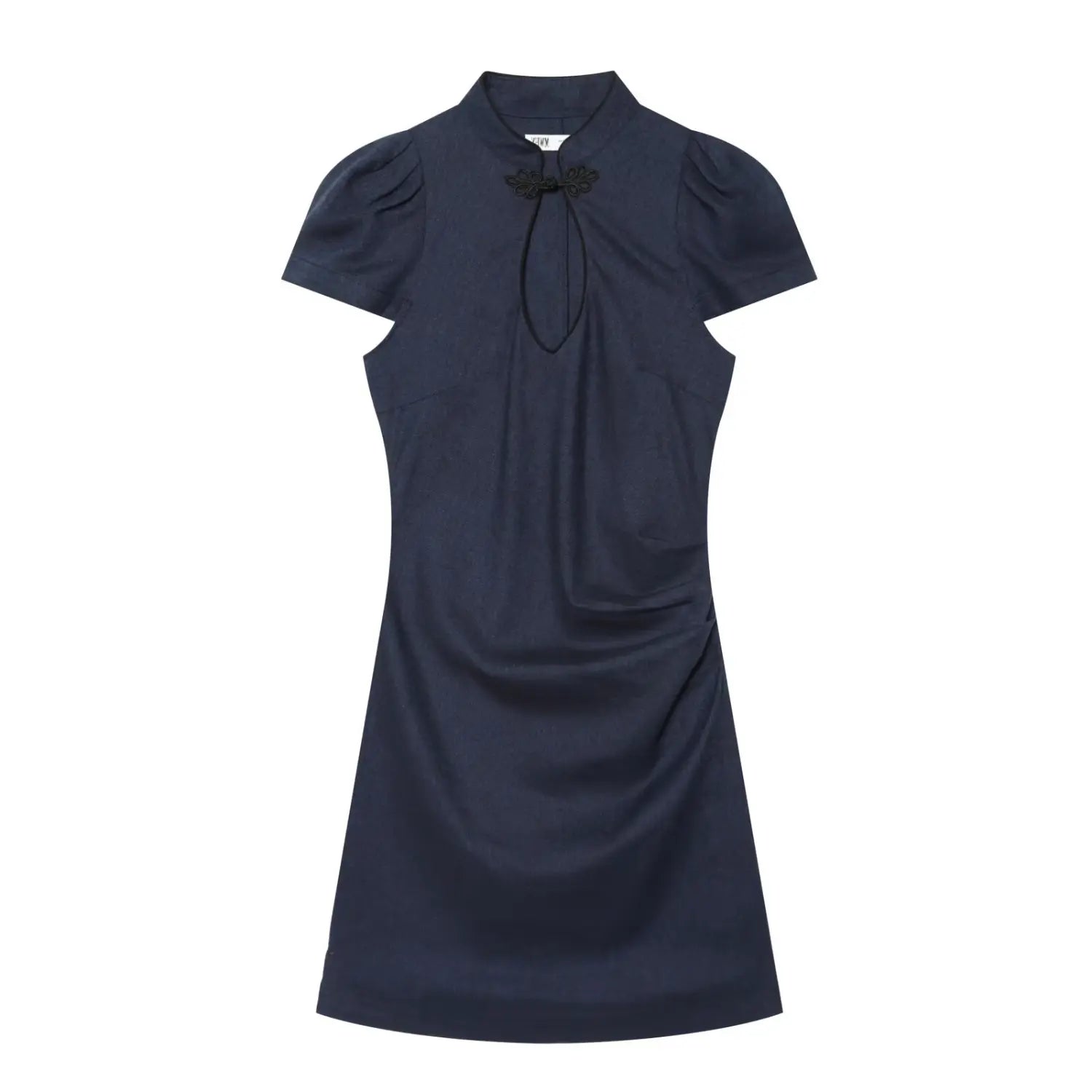 Front view navy blue chinese style mini dress,mandarin collar frog button,puff short sleeve,side ruched detail