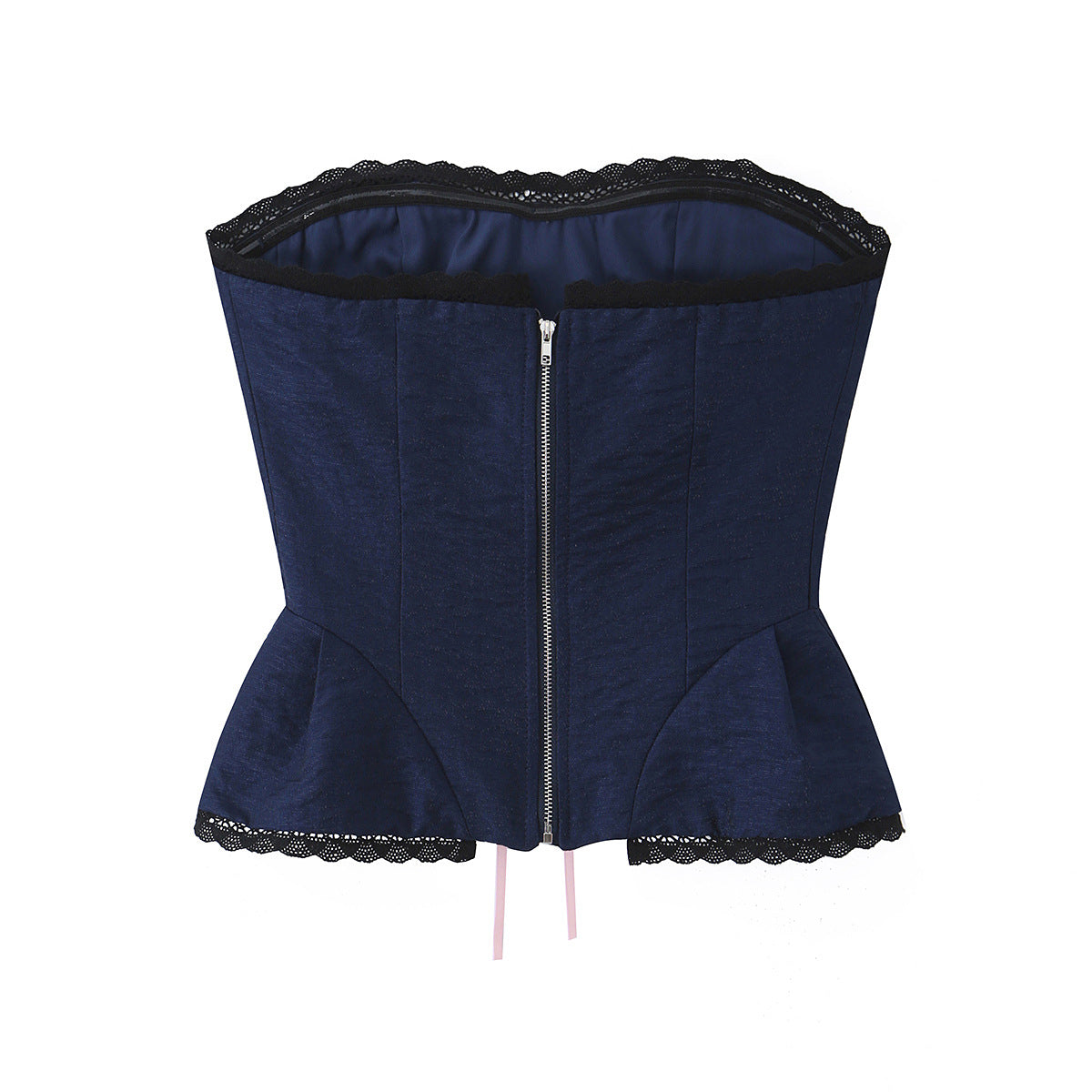 Navy blue women's lace trim strapless waist cincher corset bustier top with back design detail, by dingdingding.