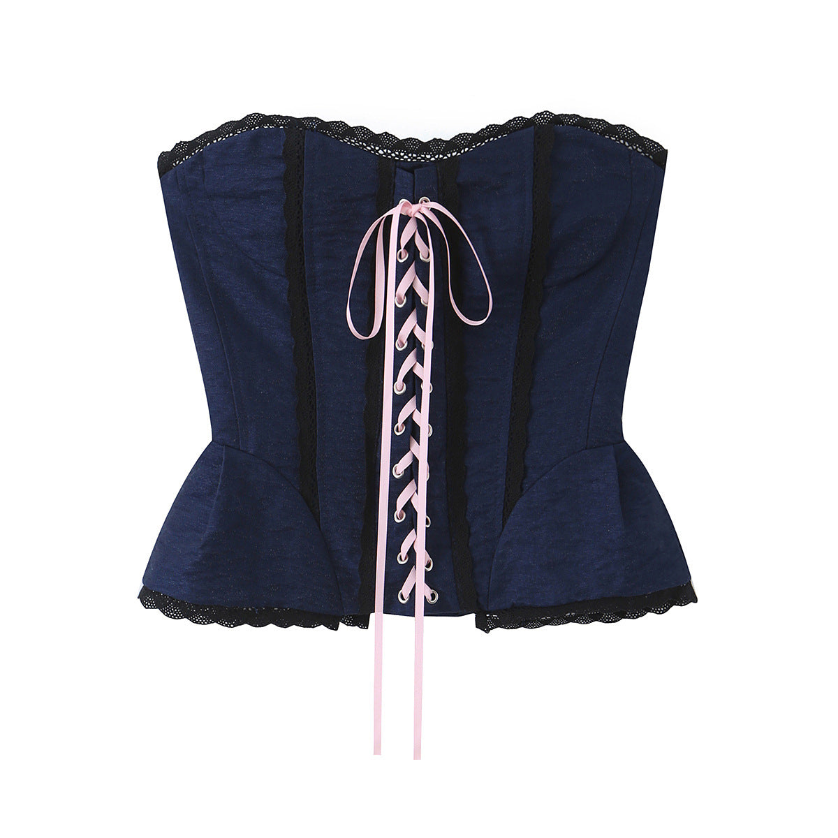 Navy blue women's strapless lace trim corset bustier top with peplum detail, lace-up waist, from dingdingding.