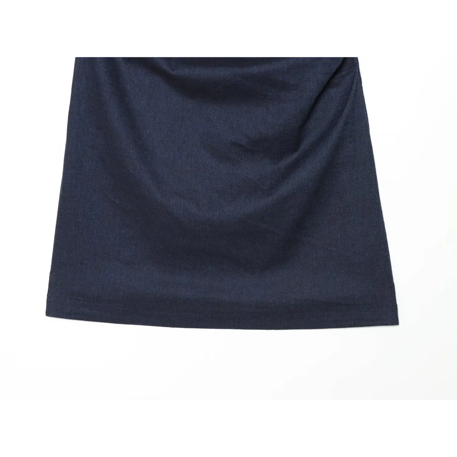 Skirt partial shot, side ruched fabric detail of navy blue modern cheongsam mini dress