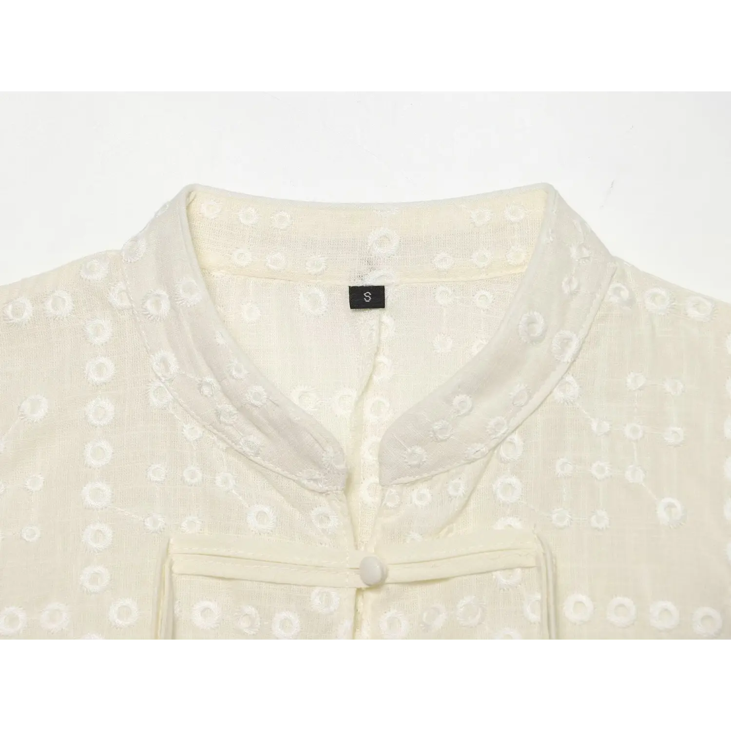 New Chinese frog button cutout vest white flat front shot, mini V stand collar front hand frog buttons side tie straps sleeveless waist-cropped vest hero image