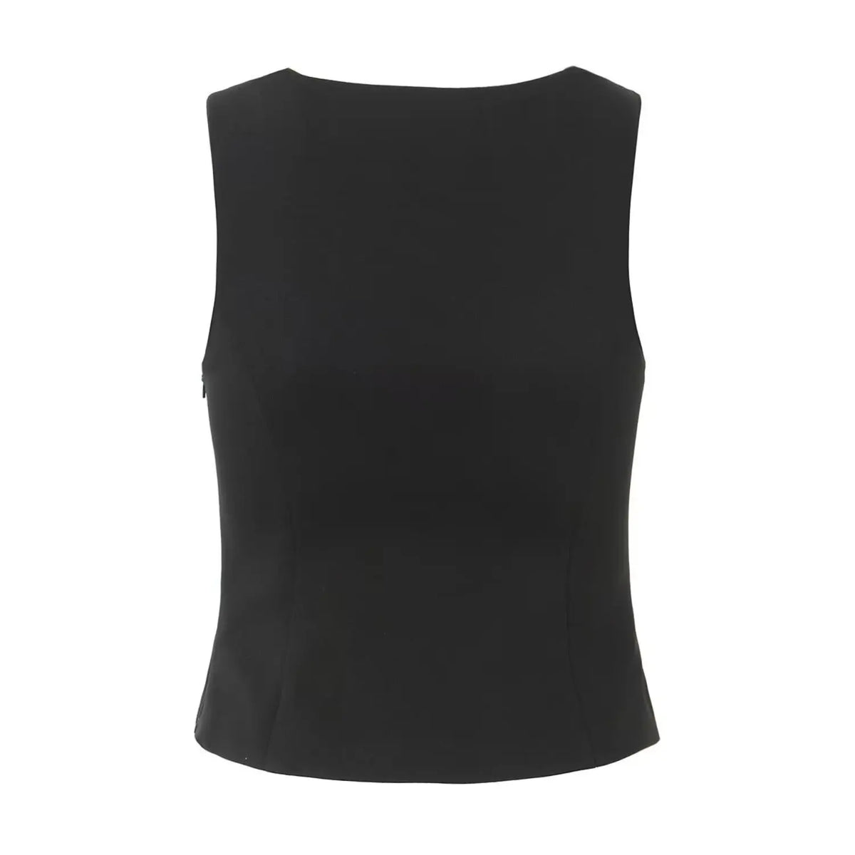 Black notched split neck fitted shell top, back flat lay
