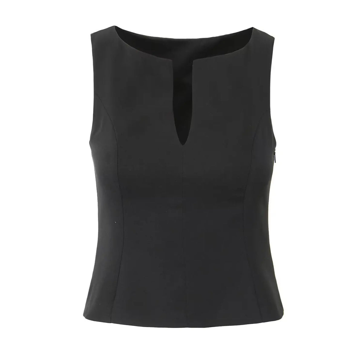 Black notched split neck fitted shell top, front flat lay