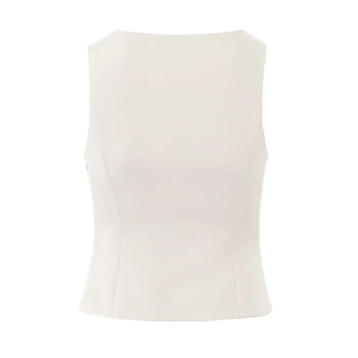 Ivory notched split neck fitted shell top, back flat lay