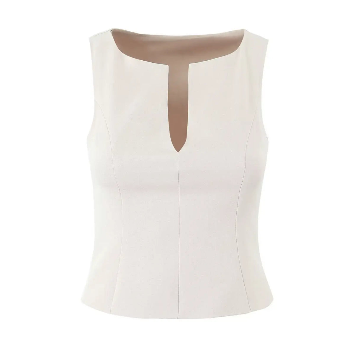 Ivory notched split neck fitted shell top, front flat lay