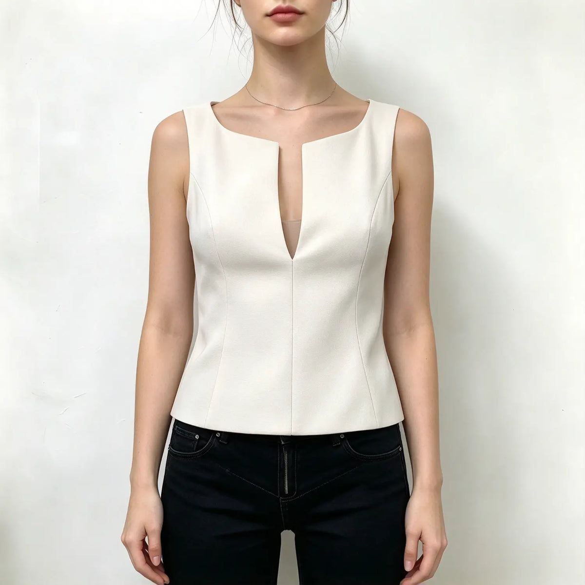 Model wearing ivory notched split neck fitted shell top, front view