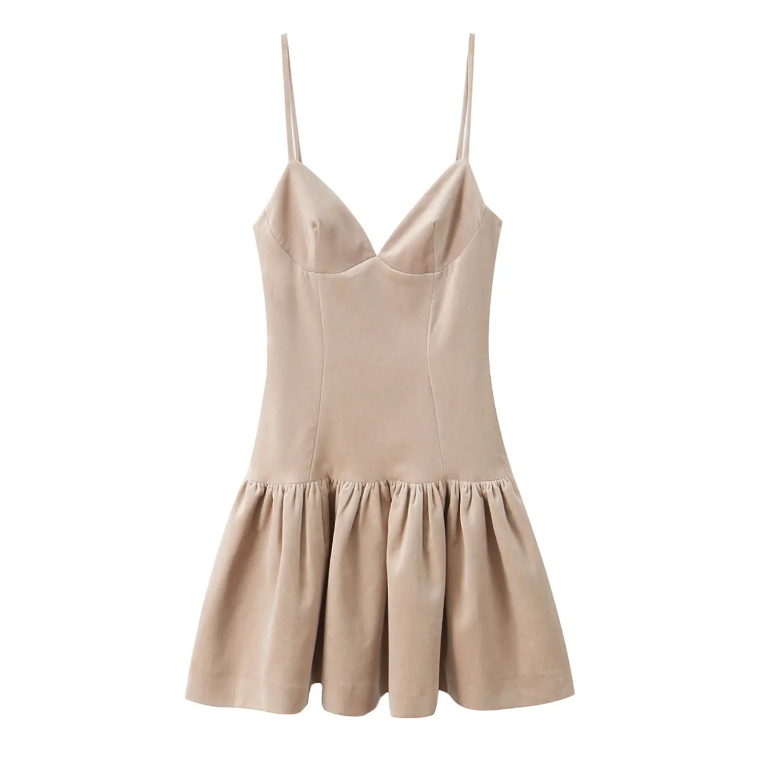 Front product flat shot, ultra thin spaghetti straps, sweetheart plunge V neck, vertical corset shaping seams, high waist gathered flared skater mini skirt, warm nude beige velvet
