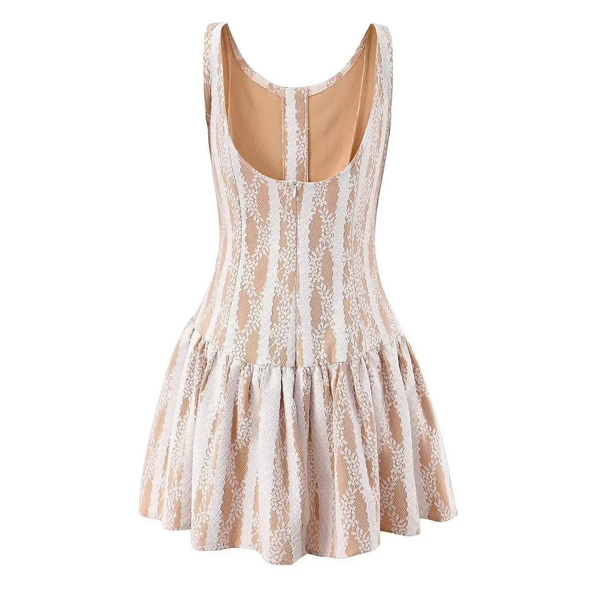 Full back flat view of a nude lace striped mini dress, displaying the scoop back, center zipper, and flared skirt.
