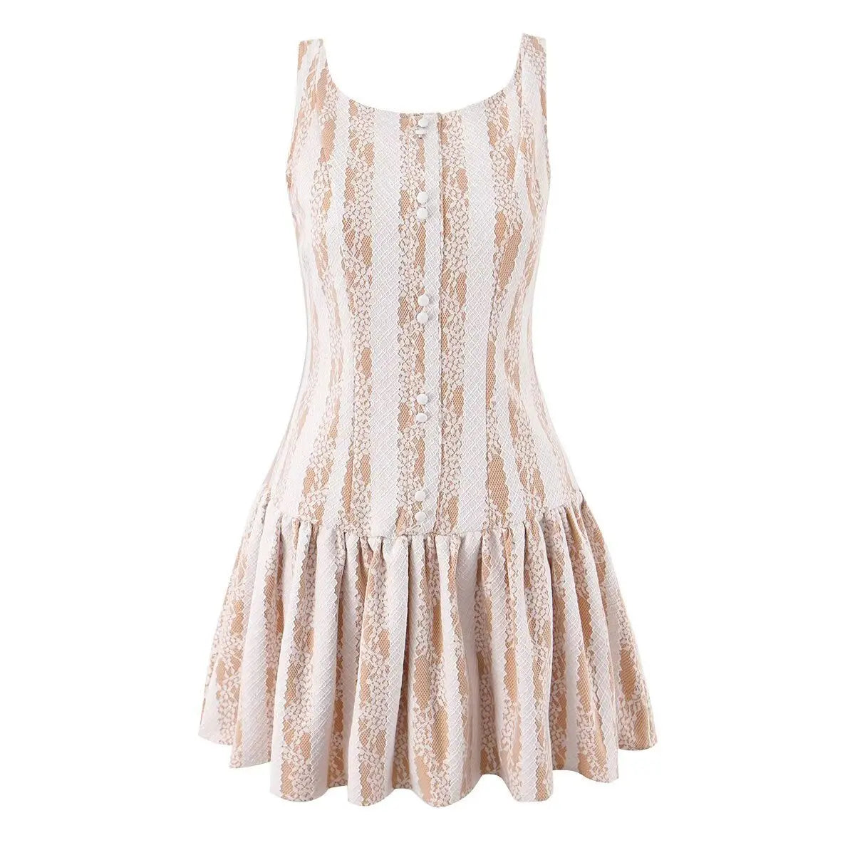 Full front flat view of a nude lace striped mini dress, displaying the scoop neck, white buttons, fitted bodice, and flared skirt.
